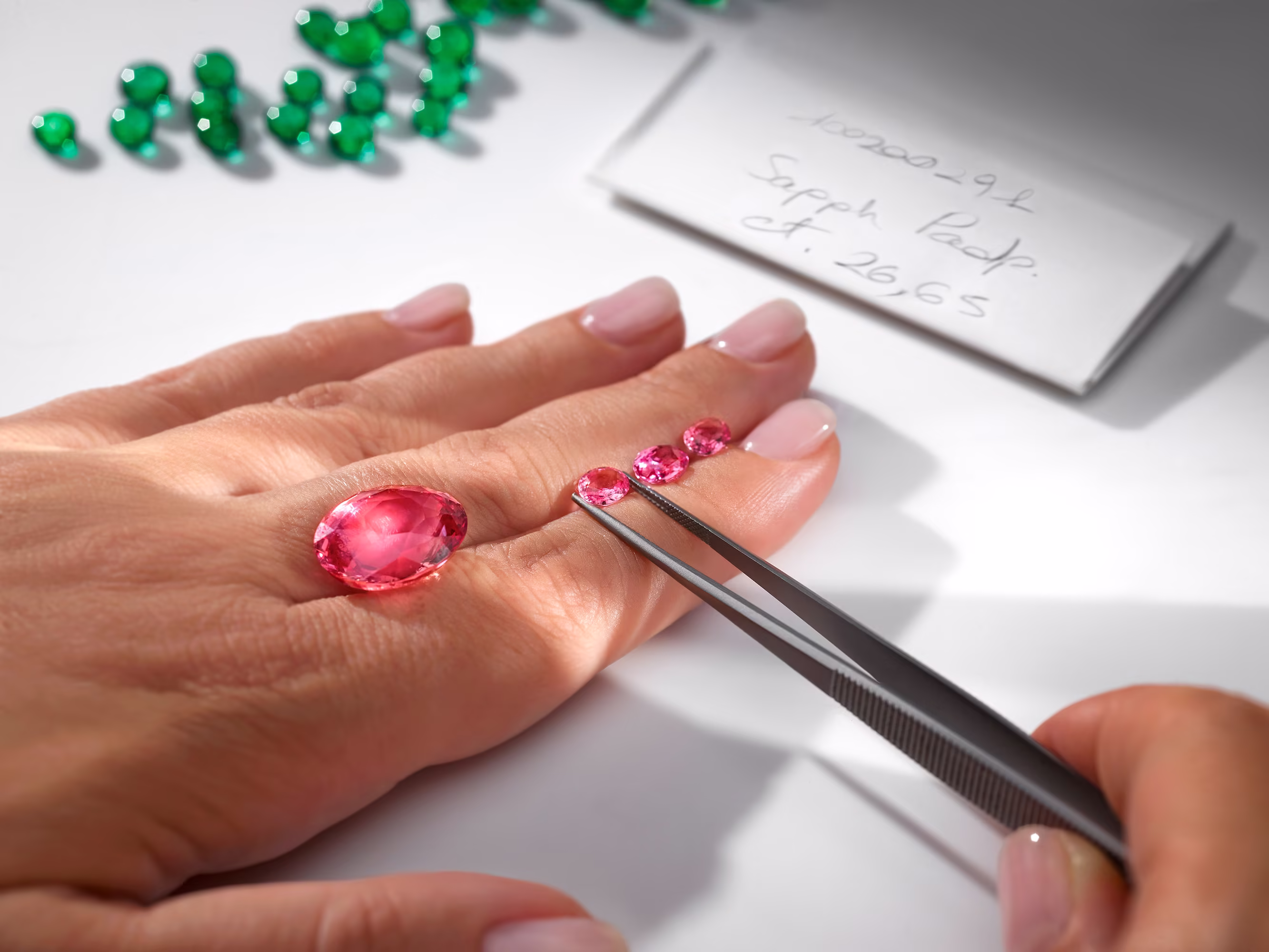 Hands paint the design of a necklace with a blue stone in the center; on the table are a palette and paints.