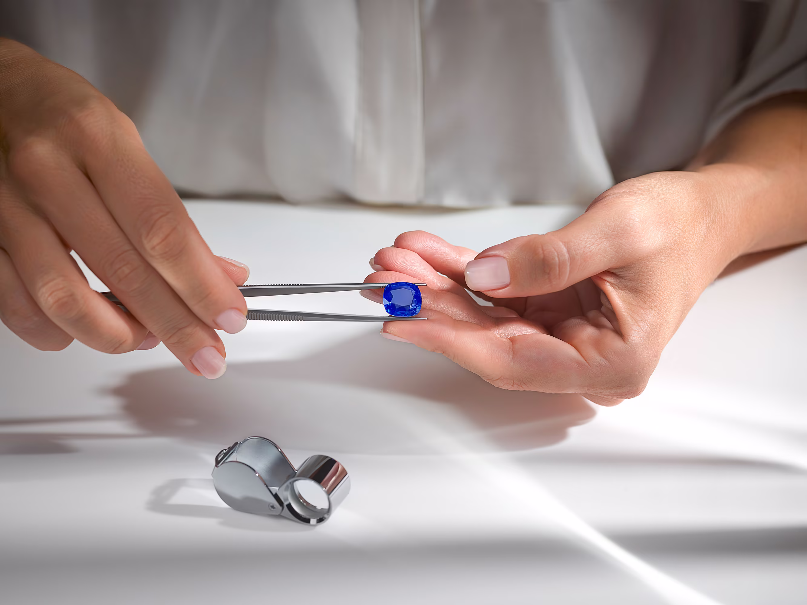Tweezers hold a cut blue gem above the palm of the hand; on the table, a jeweler's loupe.