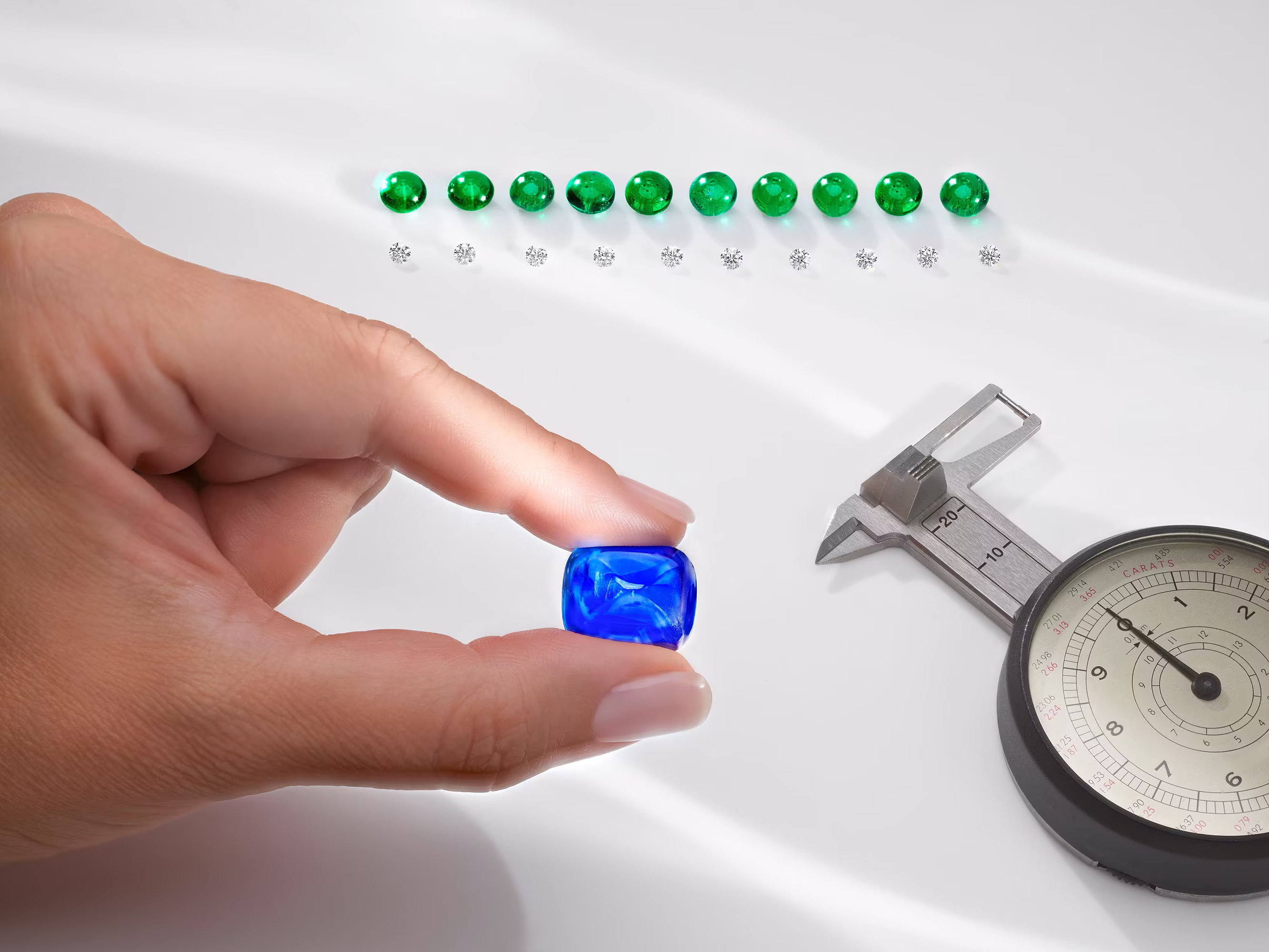 Hand holds blue sapphire; above, emeralds and diamonds lined up. Next to it, caliper and tool for weighing stones. 