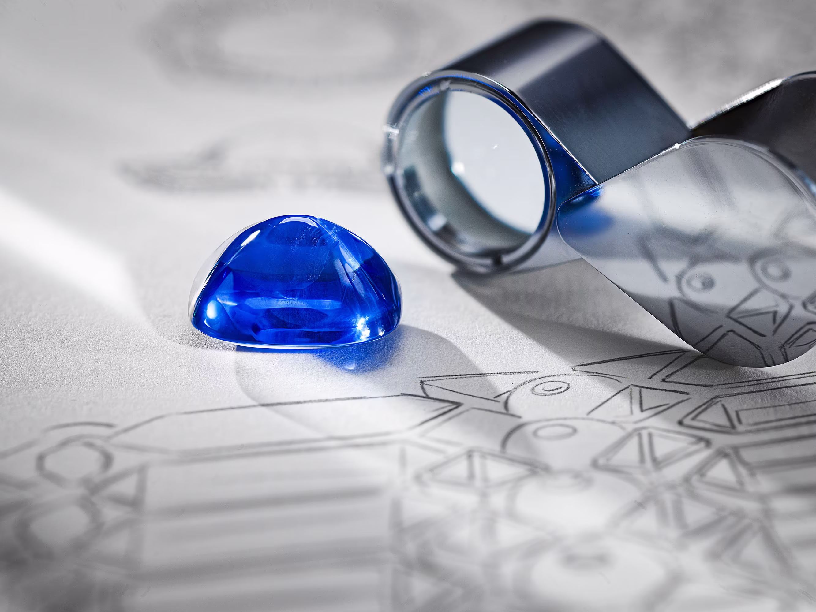 Cabochon-cut blue sapphire on a technical jewelry drawing, next to a jeweler's loupe for analyzing the stone.