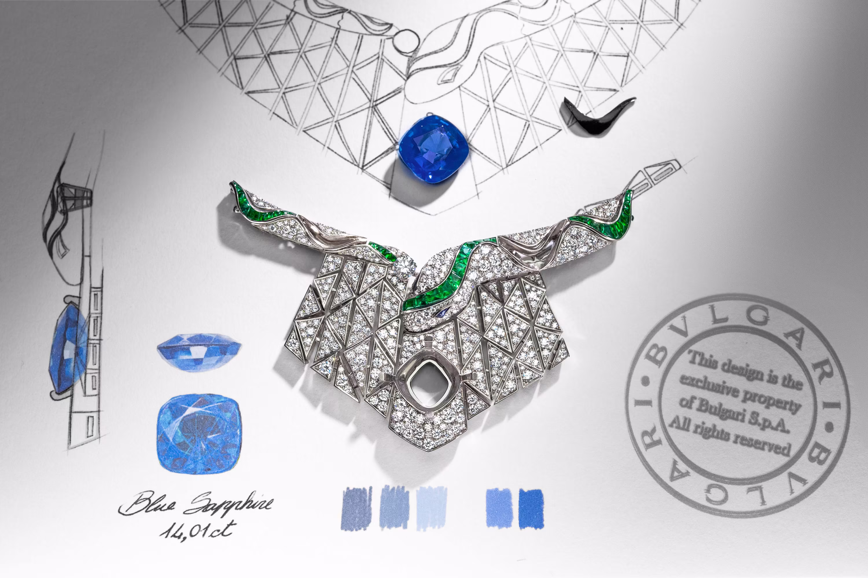 Part of a necklace with diamonds and green details on a technical drawing; above, a blue gemstone intended for setting.